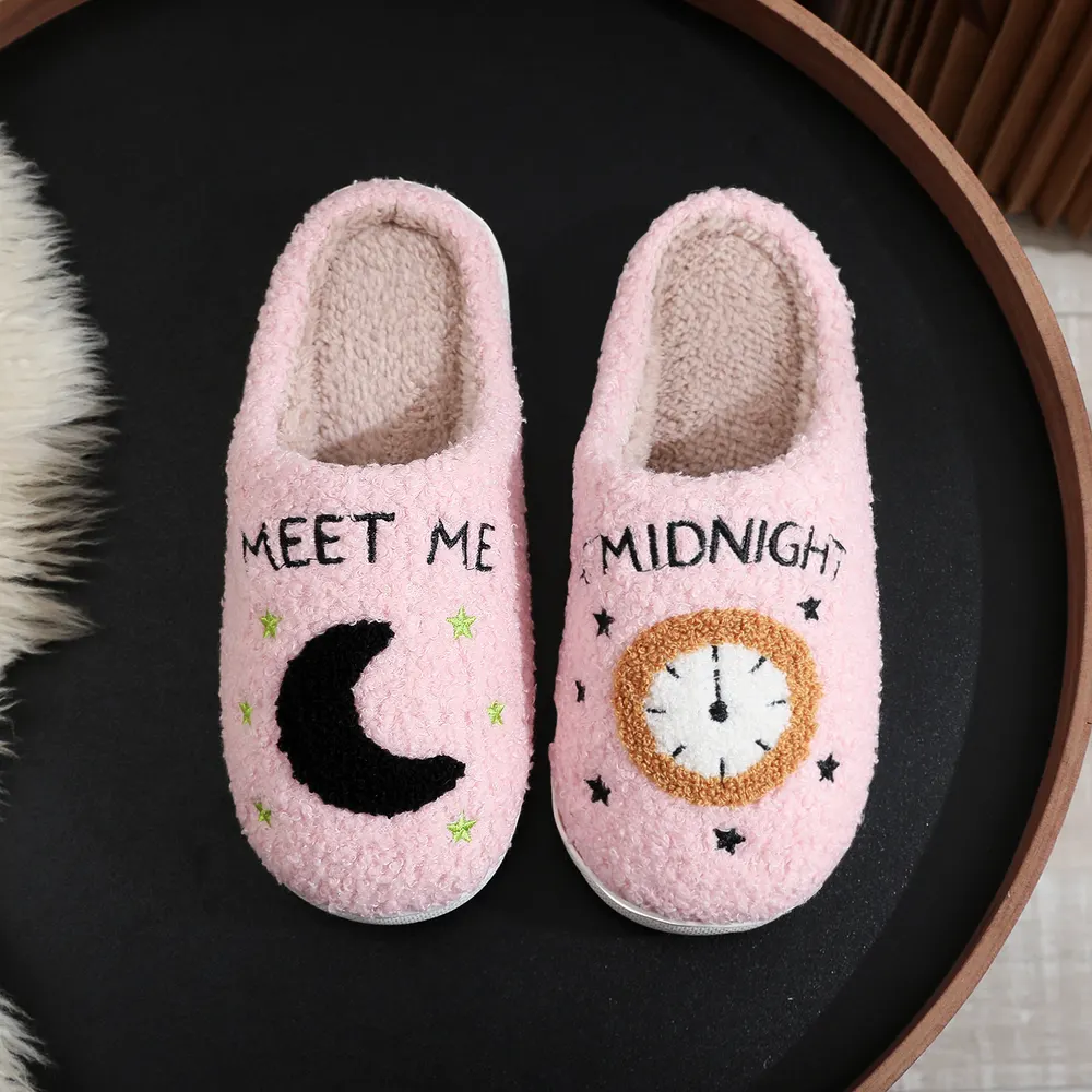 Moon and Clock Print Plush House Slippers
