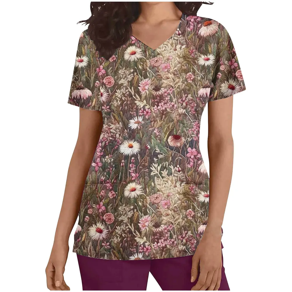 V-Neck Cartoon Print Nurse Uniform Top