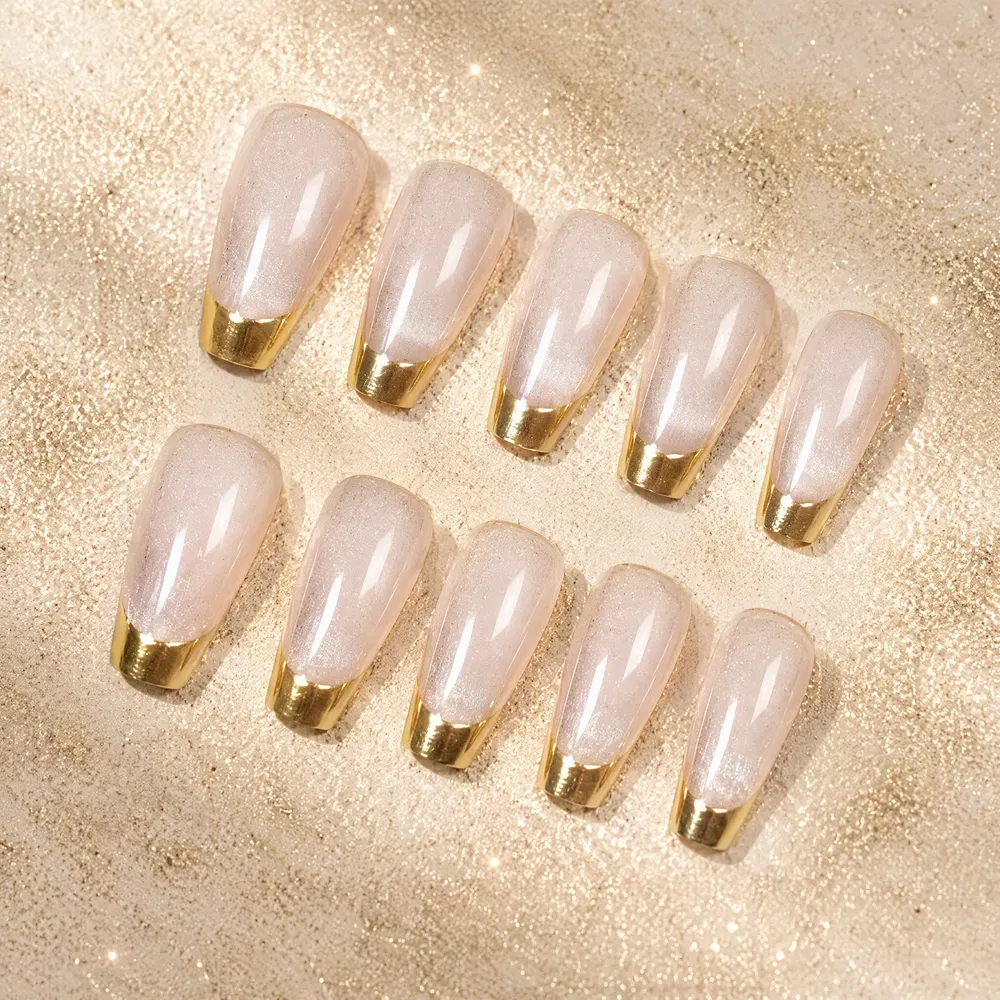 Milky Nude Press-On Nails with Gold Edge