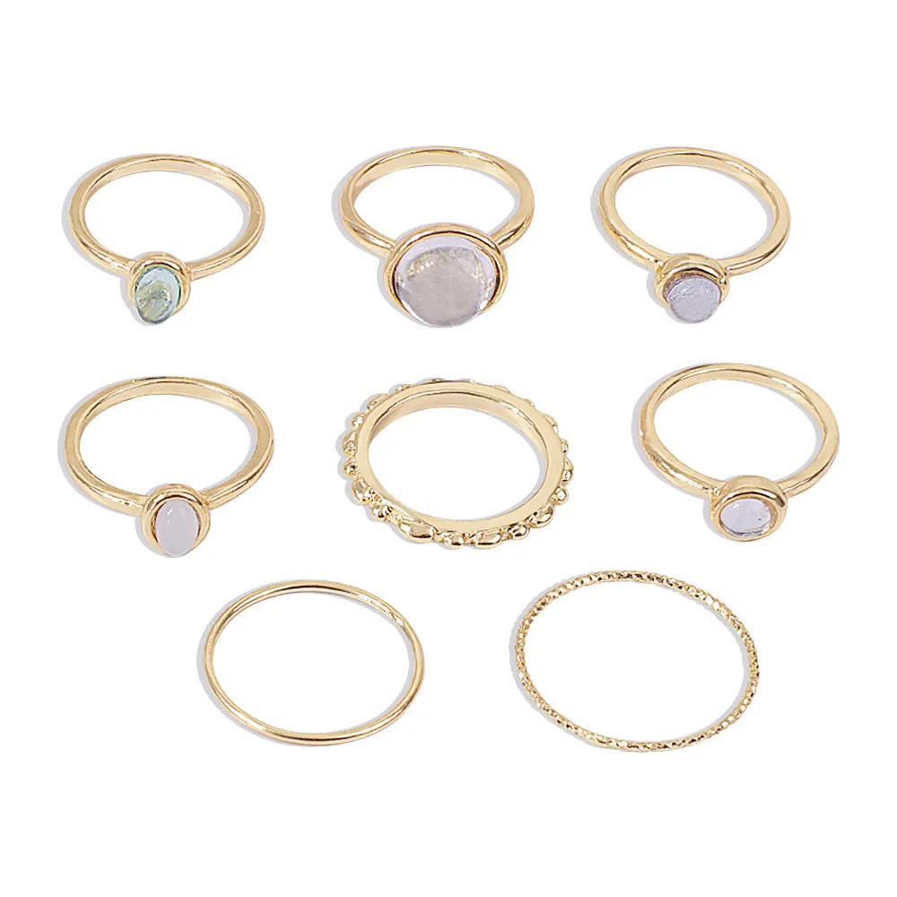 Colorful Stone Ring Set, 8 Pieces