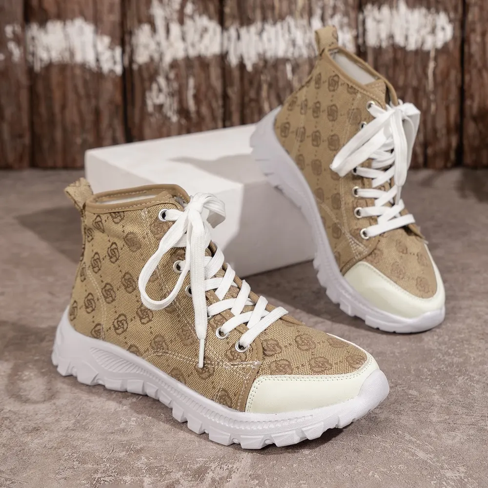 Rose-Print Canvas Lace-Up Boots