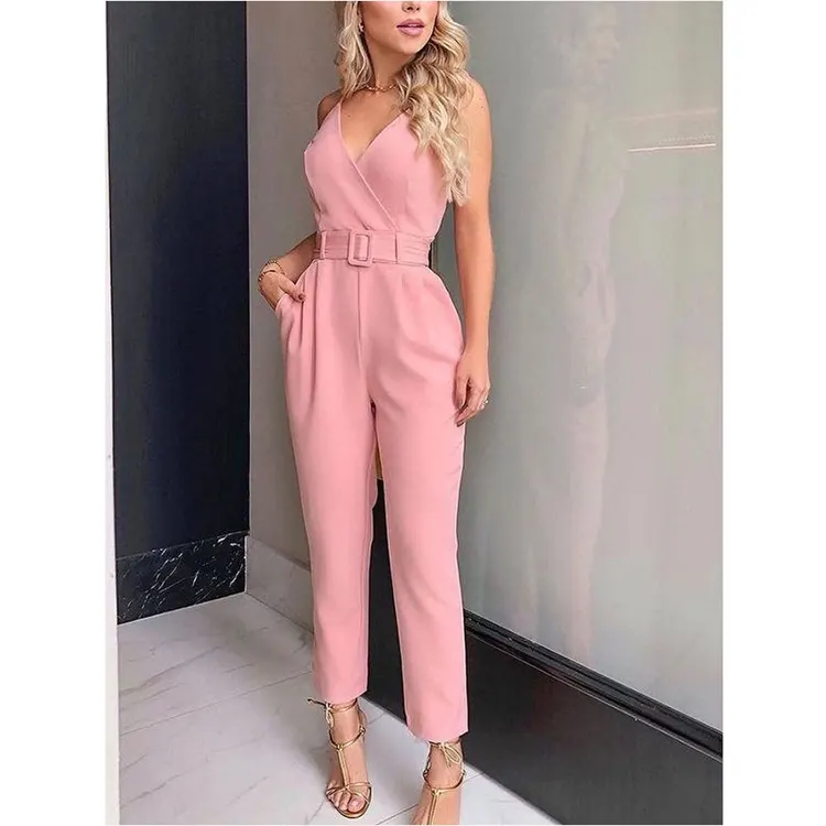 Sleeveless V-Neck Solid Pink Jumpsuit