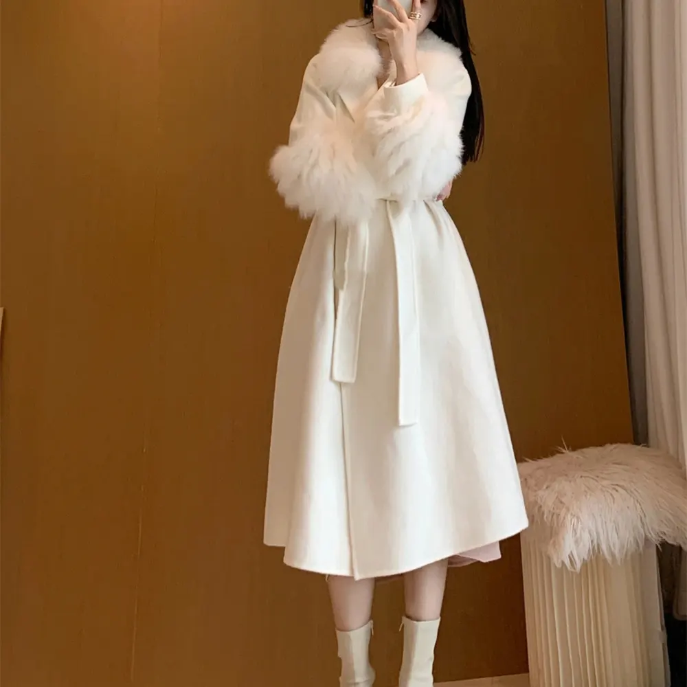 Fur Collar Lace-Up Overcoat