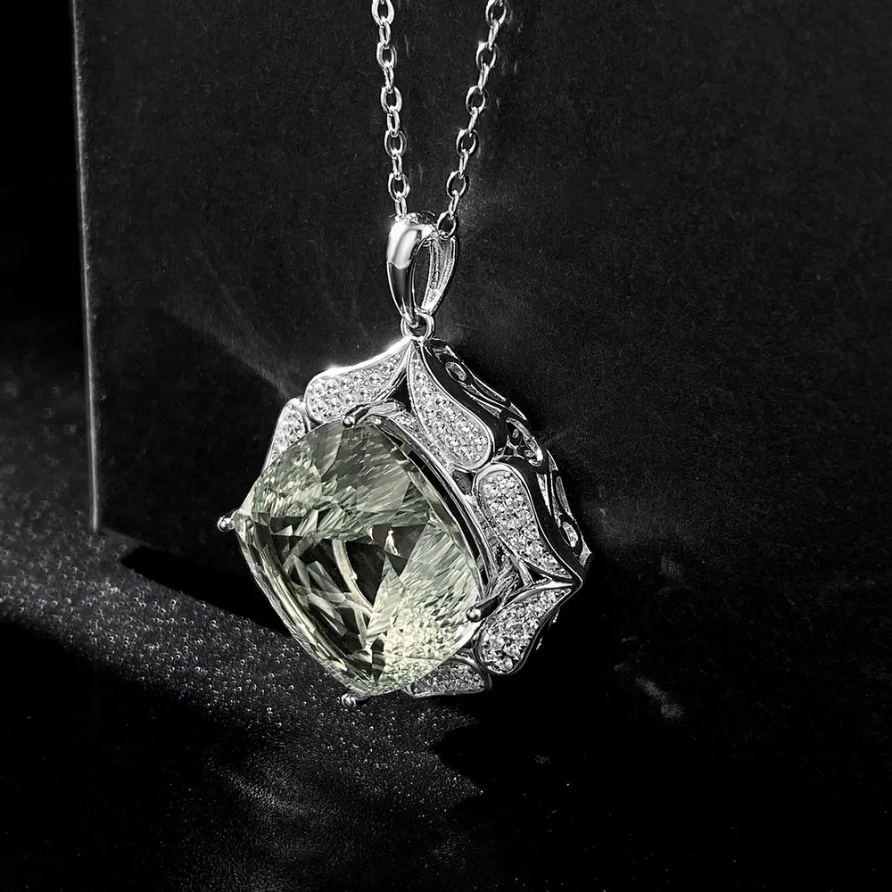Green Amethyst Pendant Necklace in 925 Silver