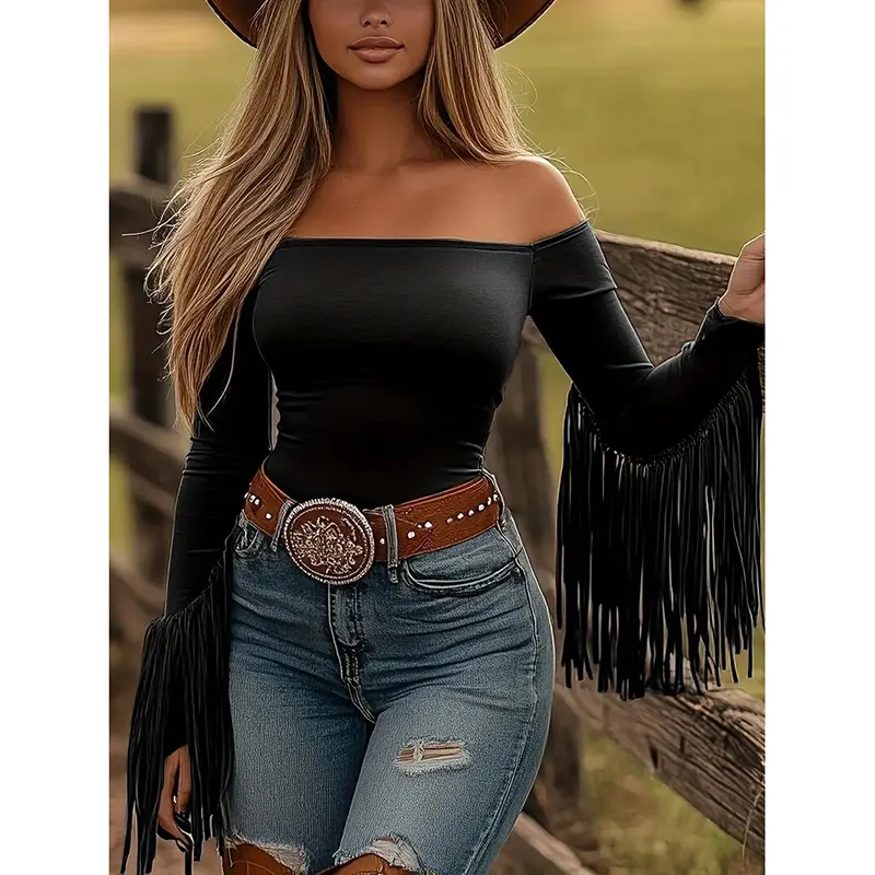 Off-Shoulder Fringe Western Top