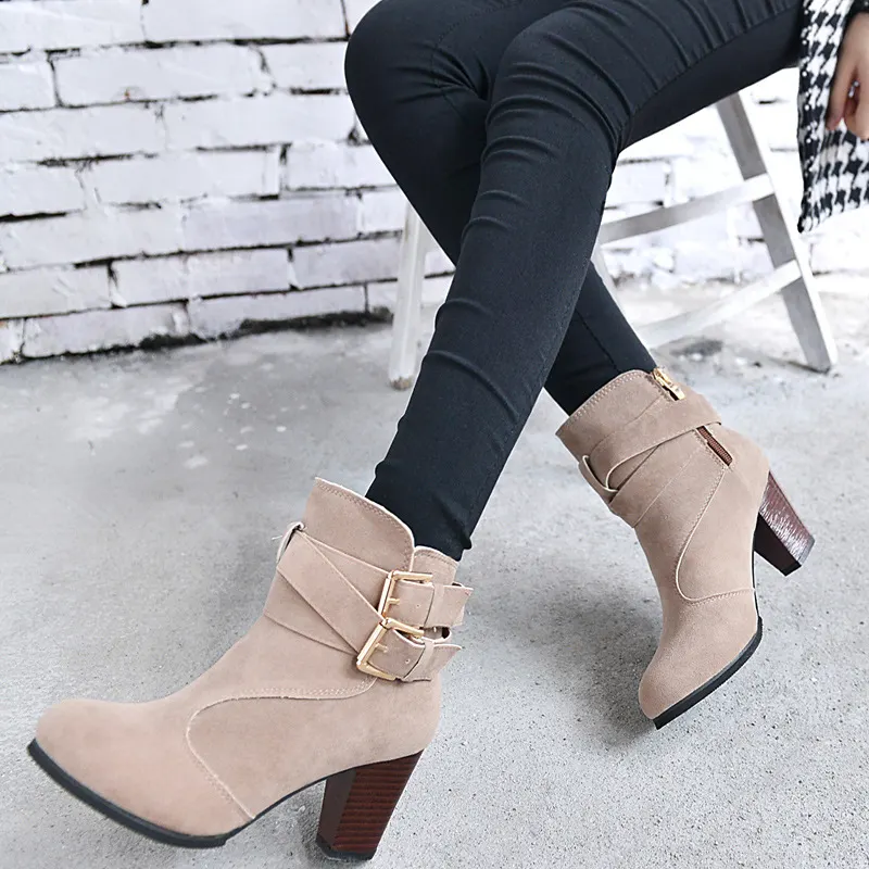 Suede Buckle Ankle Boots with Thick Heel