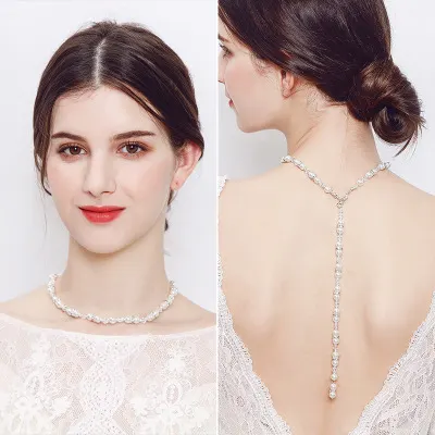 Silver Pearl Crystal Back Chain Necklace
