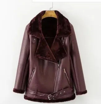 Belted Faux Fur PU Leather Jacket