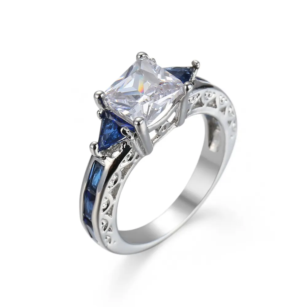 Geometric Zircon Ring in White Gold Tone