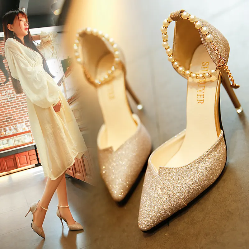 Pearl Bead Sequined Pointed Pumps