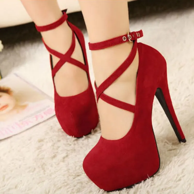 Flocked Platform Ankle-Strap Pumps