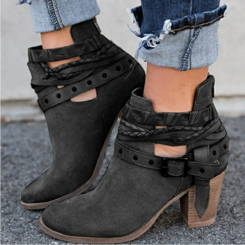 Suede Rivet Buckle Heeled Martin Boots