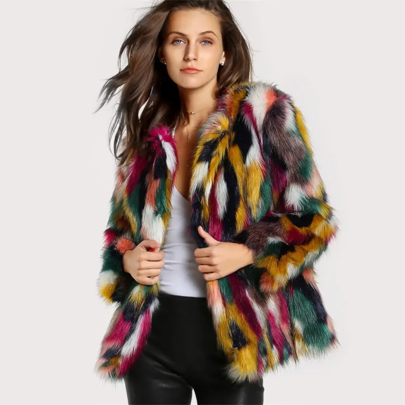 Collarless Short Faux Fur Coat