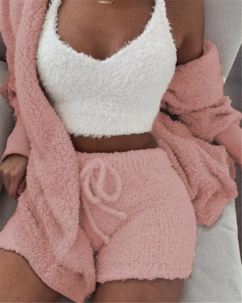3-Piece Velvet Crop Tank and Shorts Pajama Set