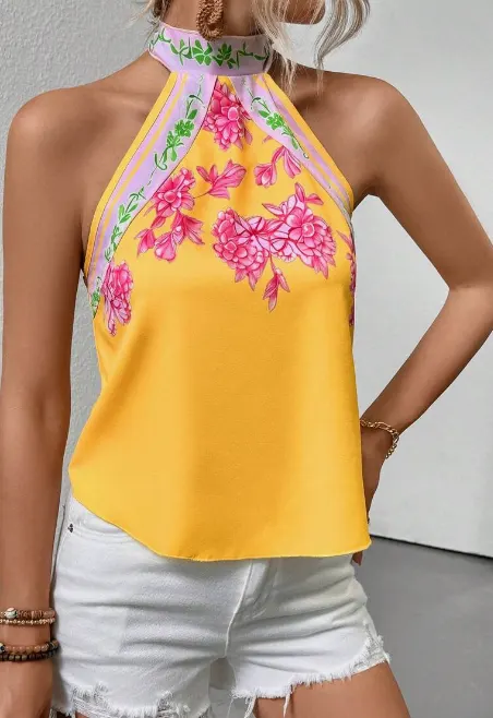 Paisley Halter Cutout Tank Top