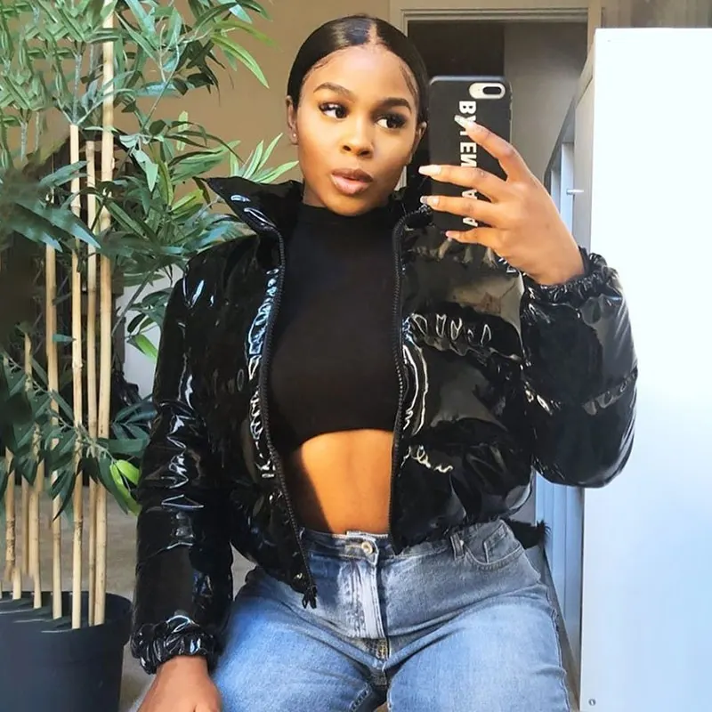 Faux Leather Quilted Puffer Jacket