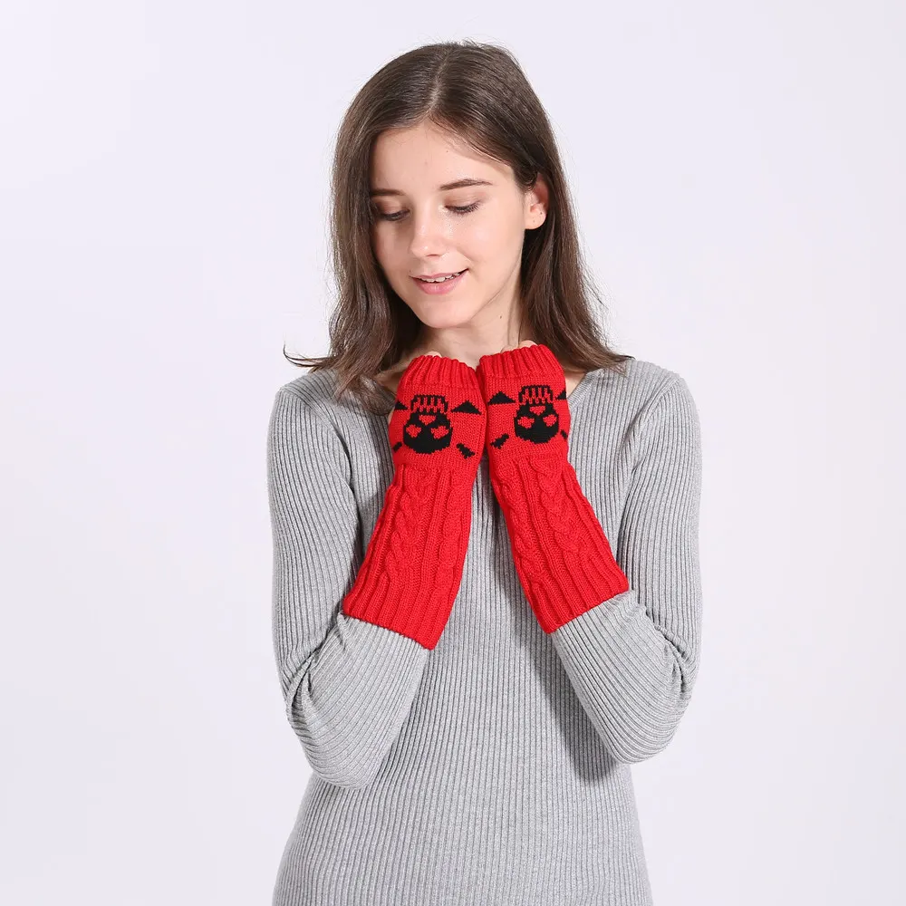 Skull Motif Knit Fingerless Gloves