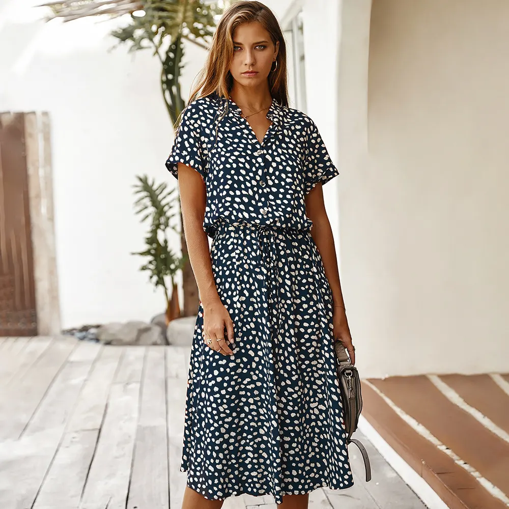 High-Waist Polka Dot Shirt Dress