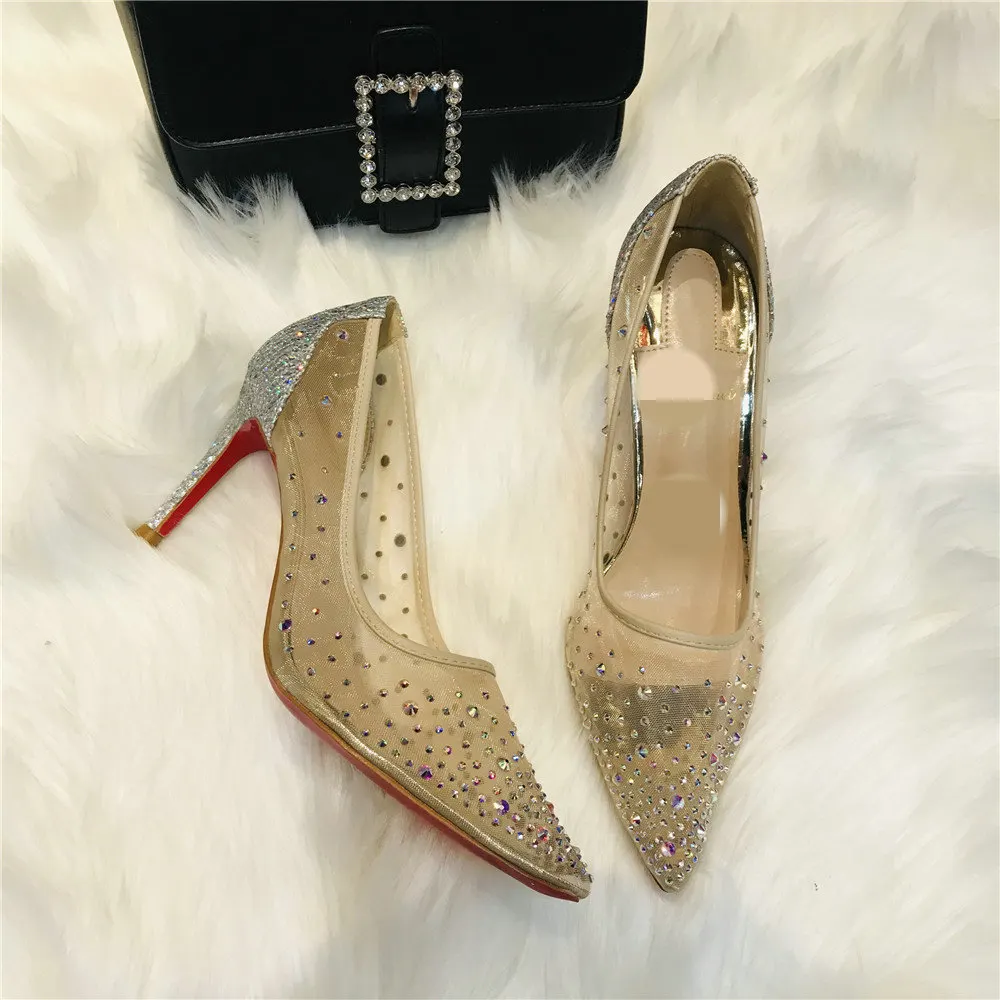 Rhinestone Mesh Pointed High Heels