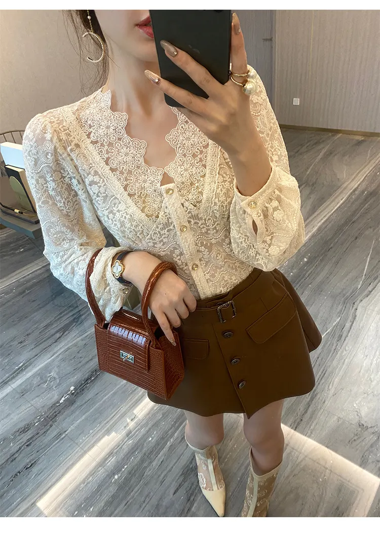Striped Lace-Panel Cotton Blouse