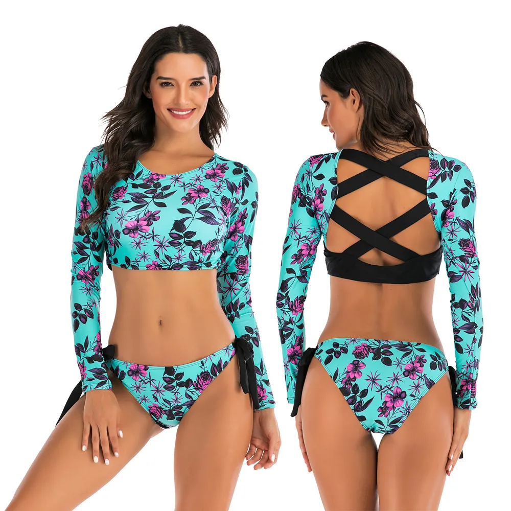 Floral Long-Sleeve Two-Piece Swimsuit