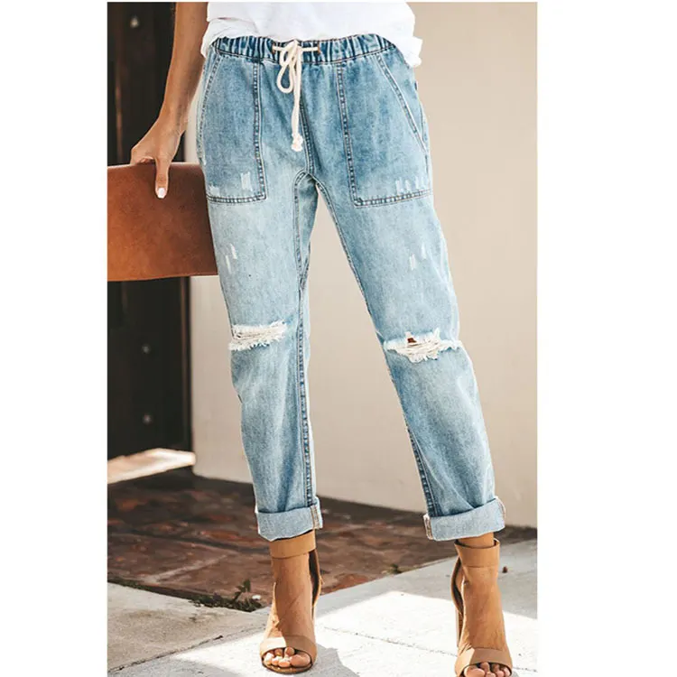 Straight-Leg Ripped Jeans with Drawstring Waist