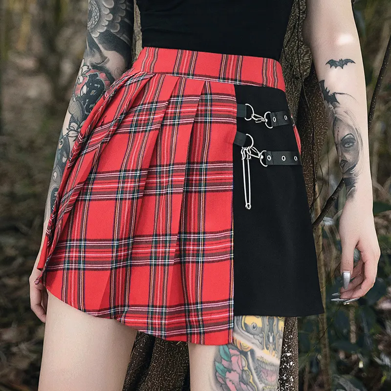 Red Check Pleated Mini Skirt