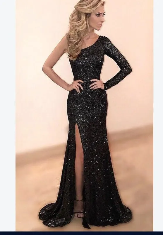 Bronzed One-Shoulder Long Sleeve Dress