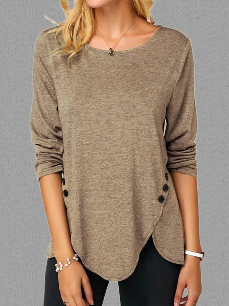 Loose Cotton-Blend Button-Hem Long Sleeve Tee