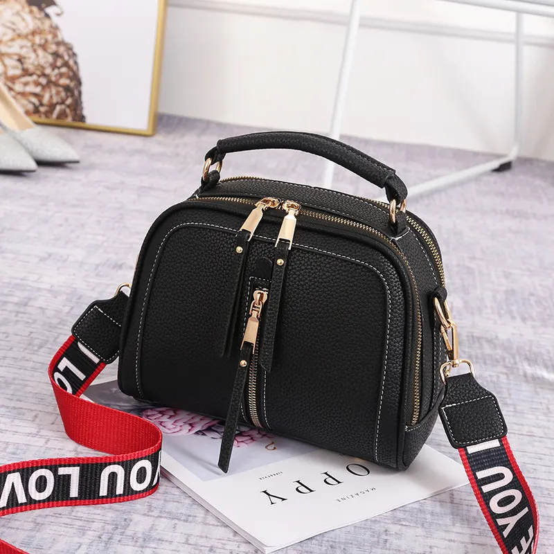 Litchi-Grain Wide Strap Shoulder Bag
