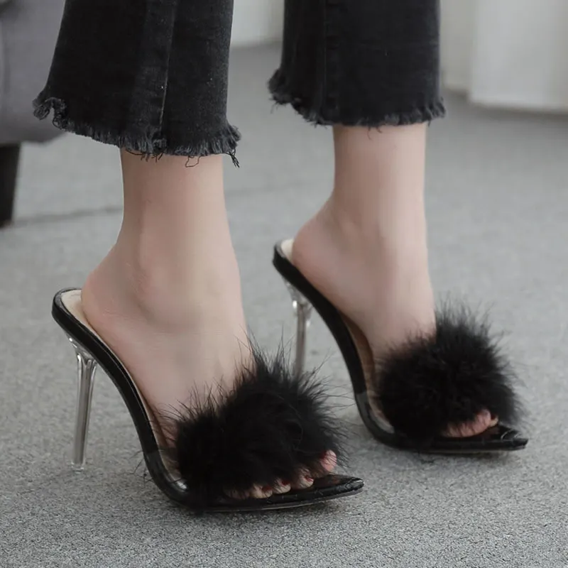 Feather-Trim Crystal Heel Mules