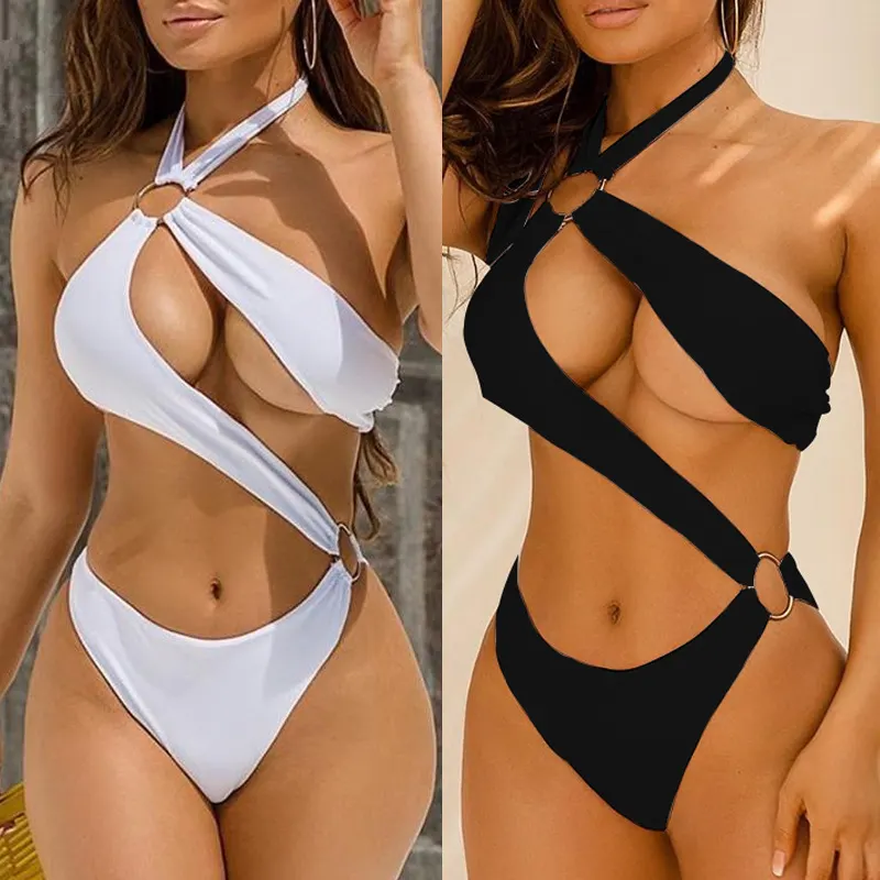 High-Waist One-Piece Swimsuit with Metal Rings