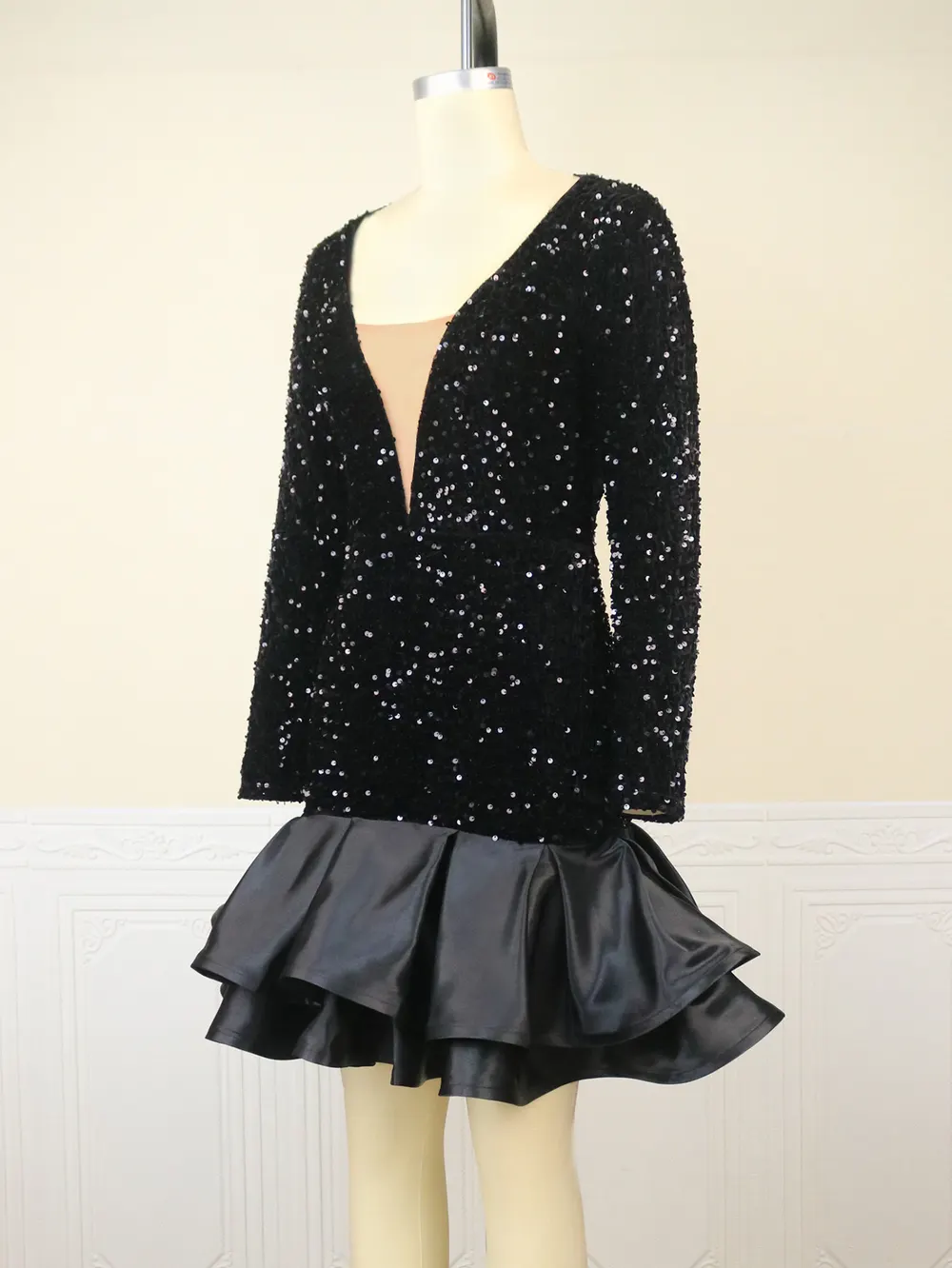 Deep V Sequin Long Sleeve Mini Dress