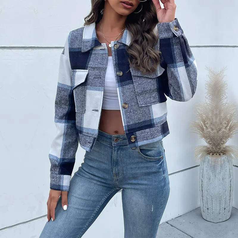 Cropped Plaid Lapel Jacket