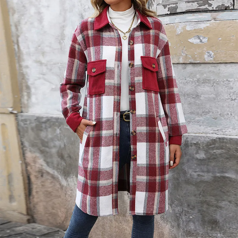 Brushed Plaid Long Coat with Pockets