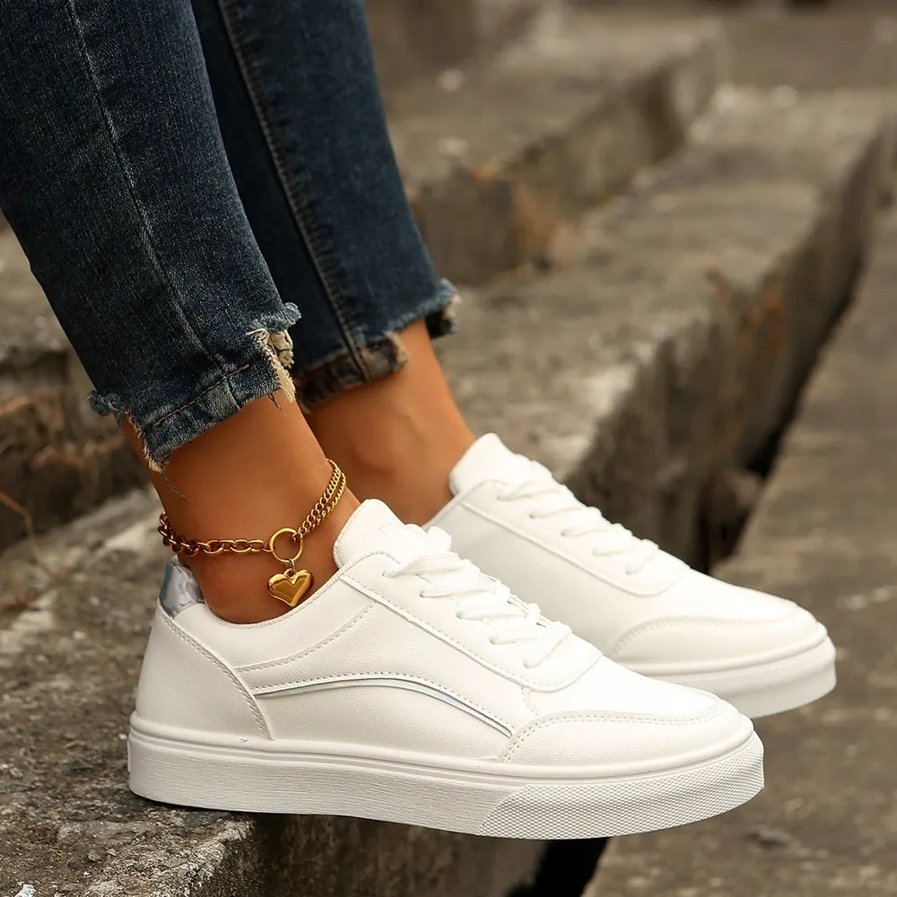 White Lace-Up Round Toe Flats