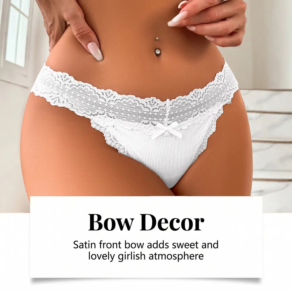 Lace-Edge Bow Thong in White