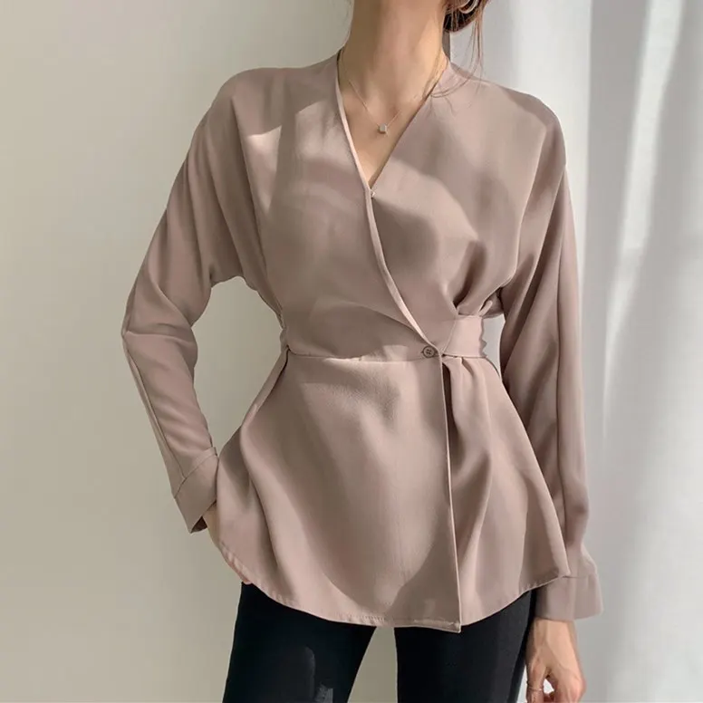 V-Neck Button Placket Long Sleeve Top