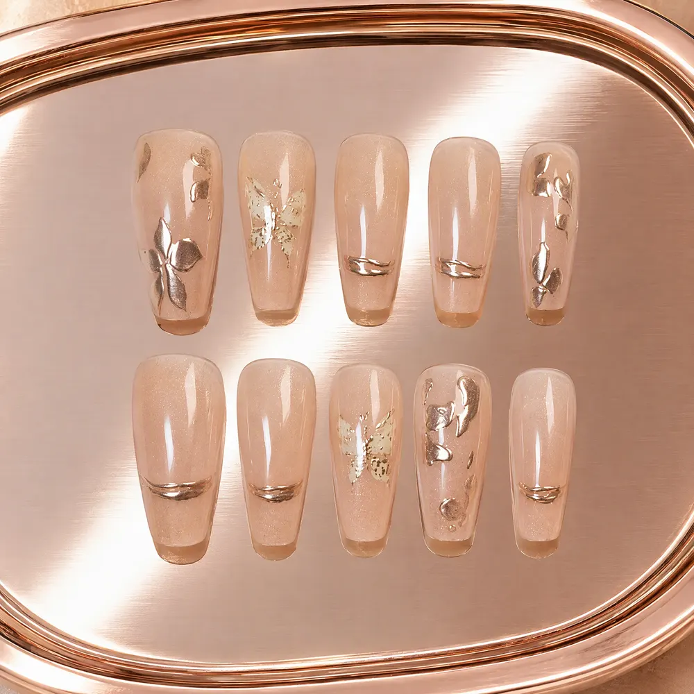Nude Silver-Line Coffin Press-On Nails