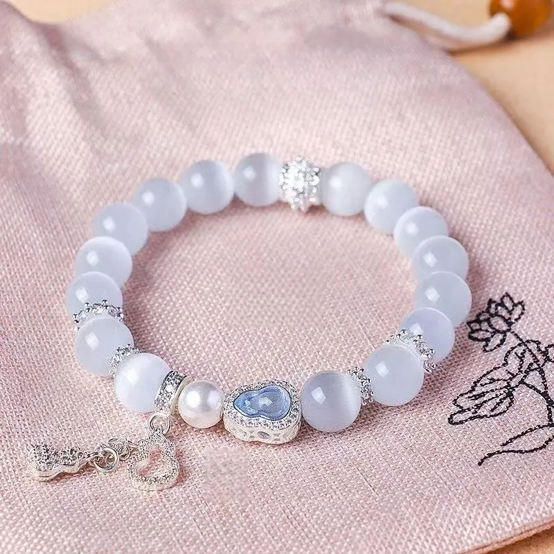 Blue and White Cat's Eye Beaded Bracelet