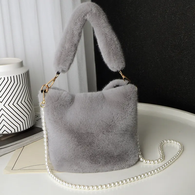 Plush Bucket Bag with Pearl Chain