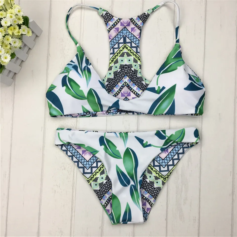 Green Double-Sided Print Halter Bikini