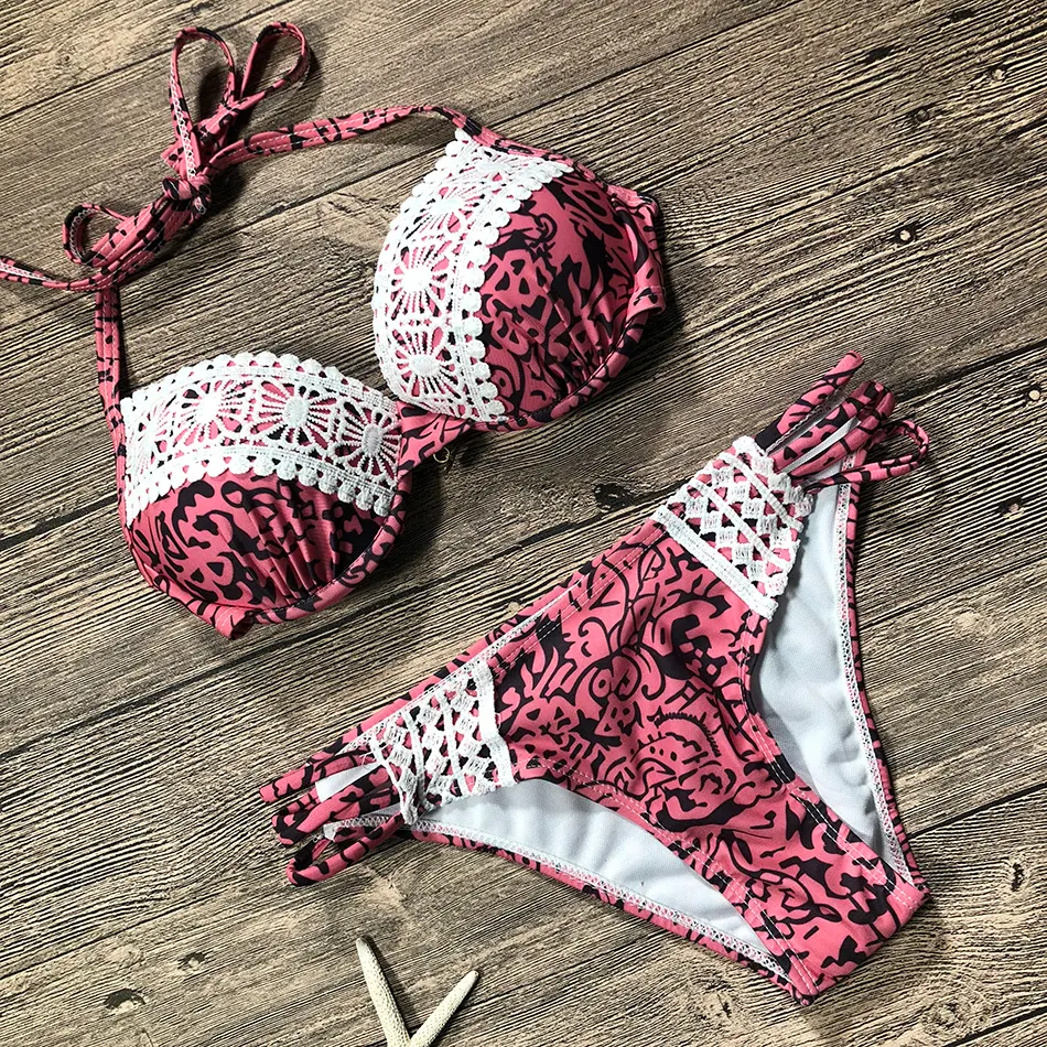Lace Halter Push-Up Bikini Set