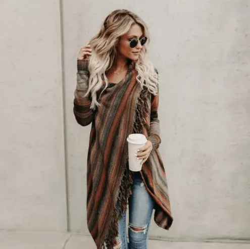 Striped Fringe Knit Cardigan Coat
