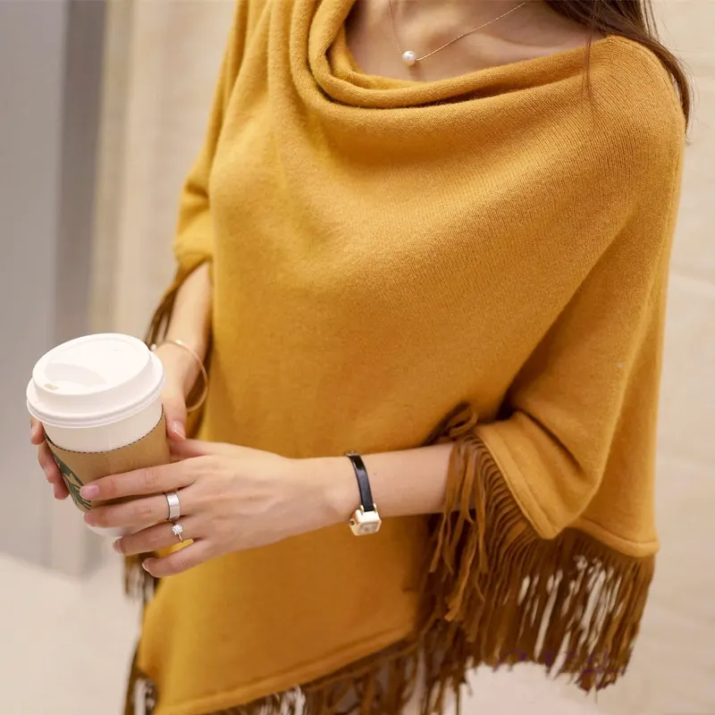 Camel Hair Cape Shawl with Tassels