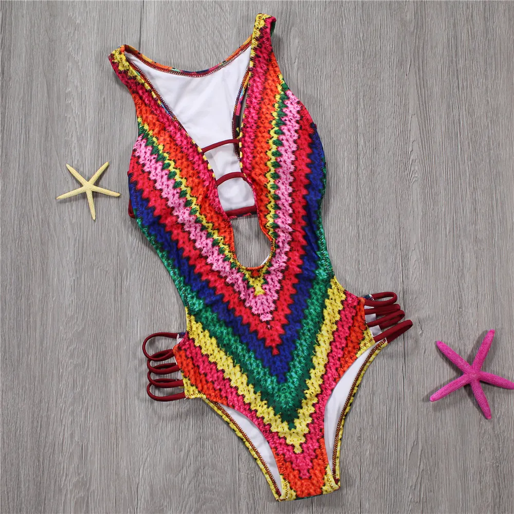 Rainbow Print Open-Back One-Piece Swimsuit