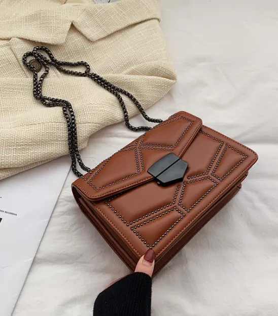 Rivet Chain Leather Crossbody Bag