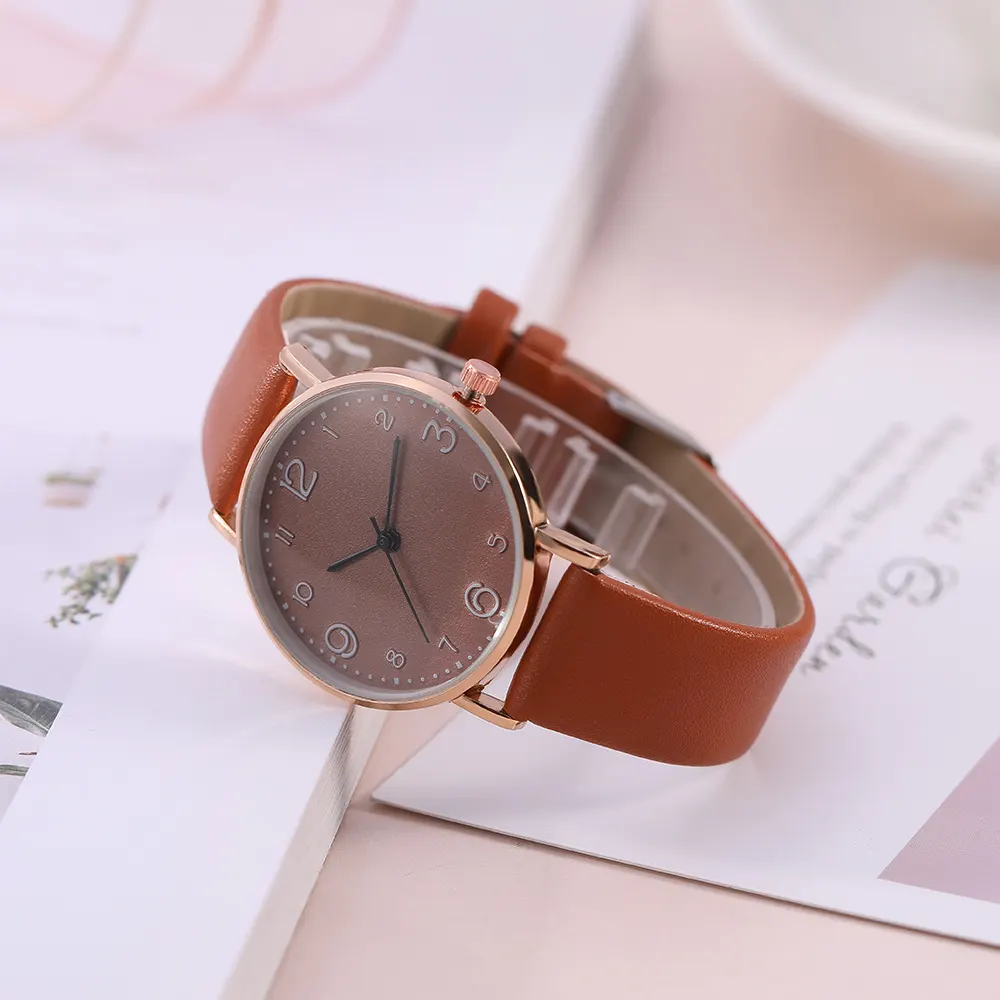 Slim Round Leather Strap Quartz Watch