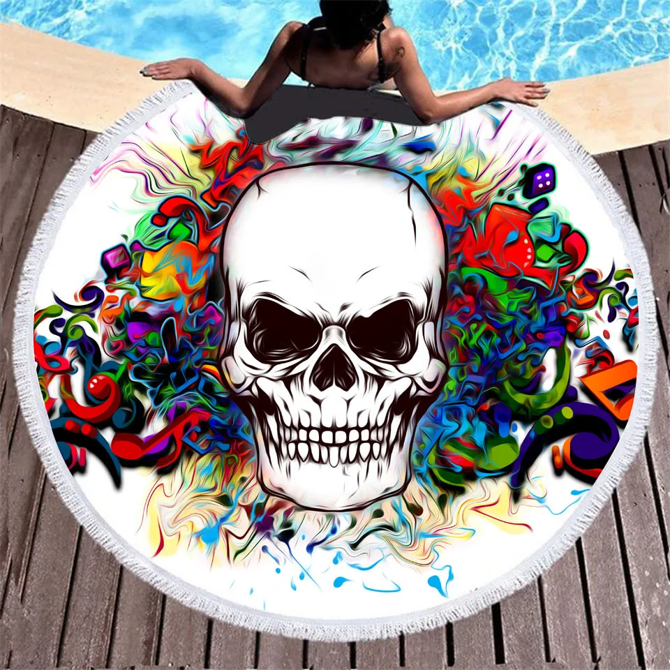Skull Print Round Beach Towel with Tassels
