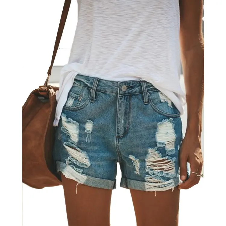 Ripped Cotton Denim Shorts